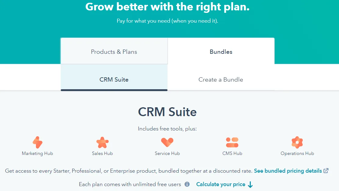 CRM Suite gives the pricing plans of HubSpot CRM when bundled with various hubs accordingly.