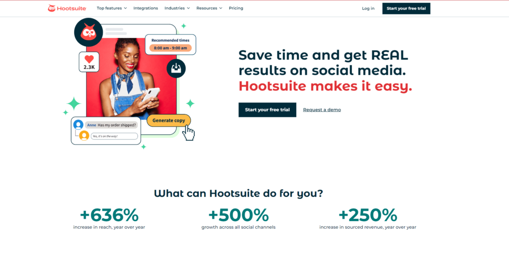 Hootsuite - social media tool - homepage and pricing information