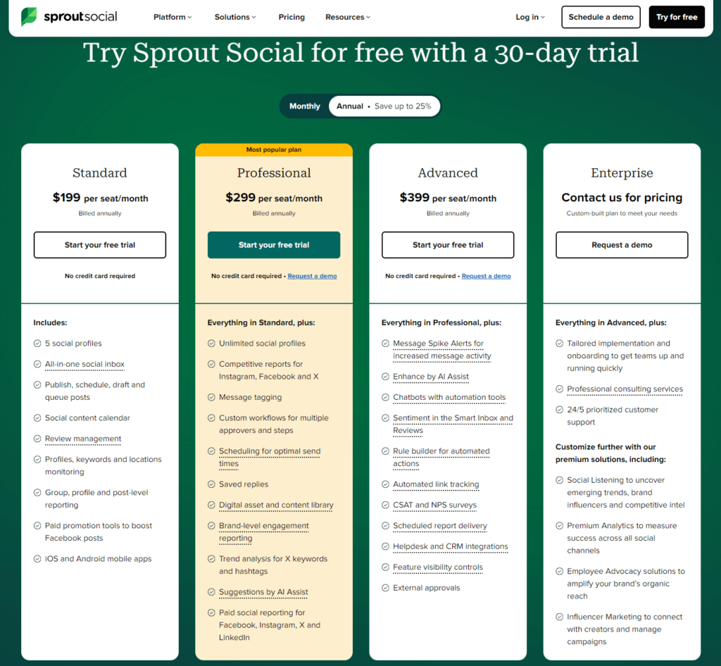 Sprout Social - social media tool - homepage and pricing information
