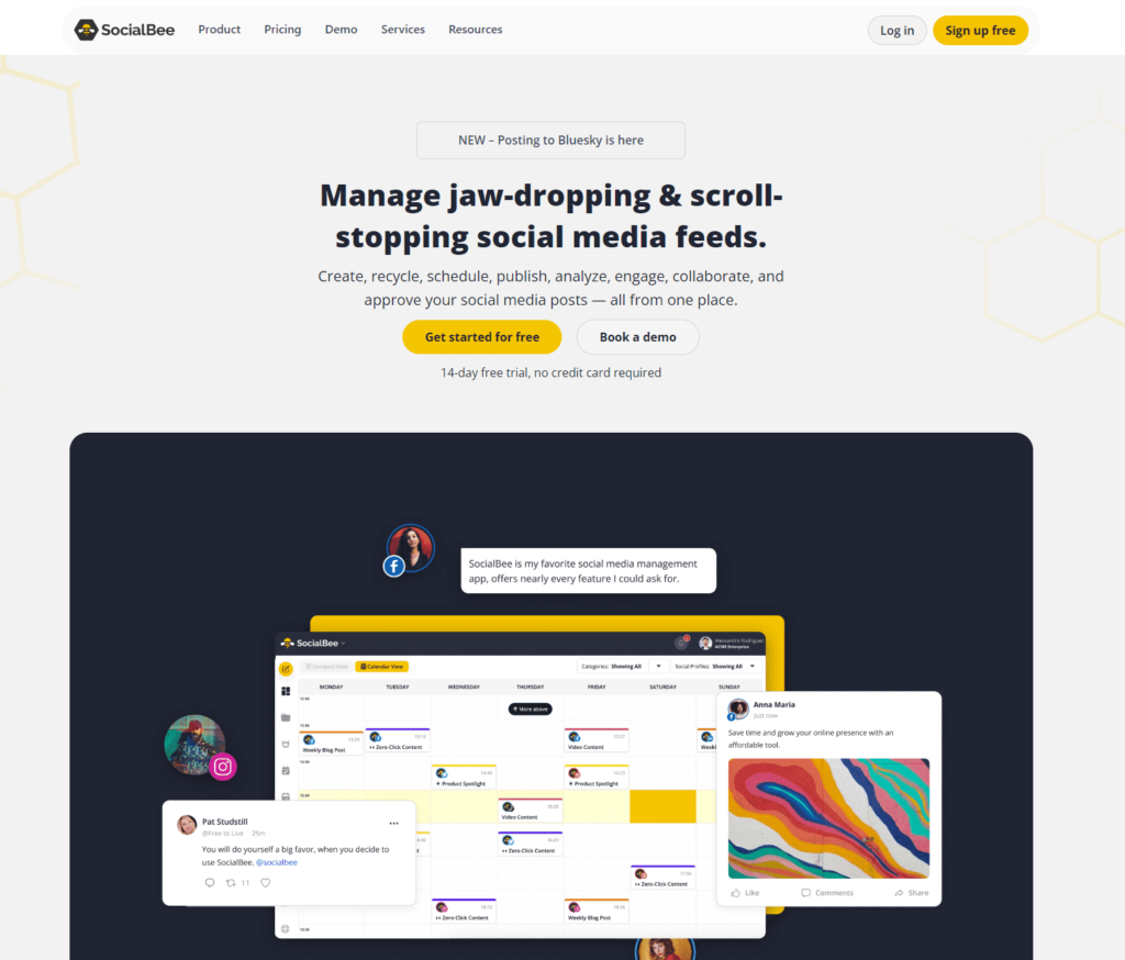 SocialBee - social media tool - homepage and pricing information