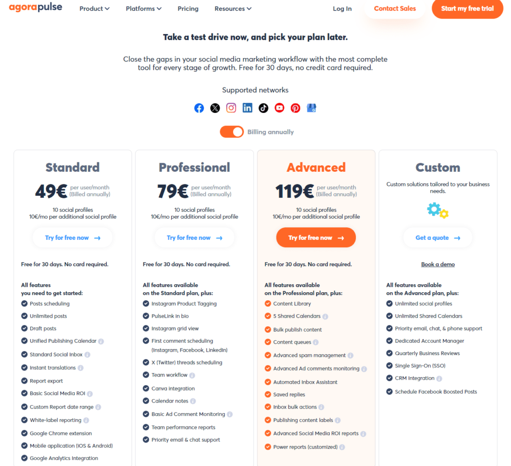 Agorapulse - social media tool - homepage and pricing information