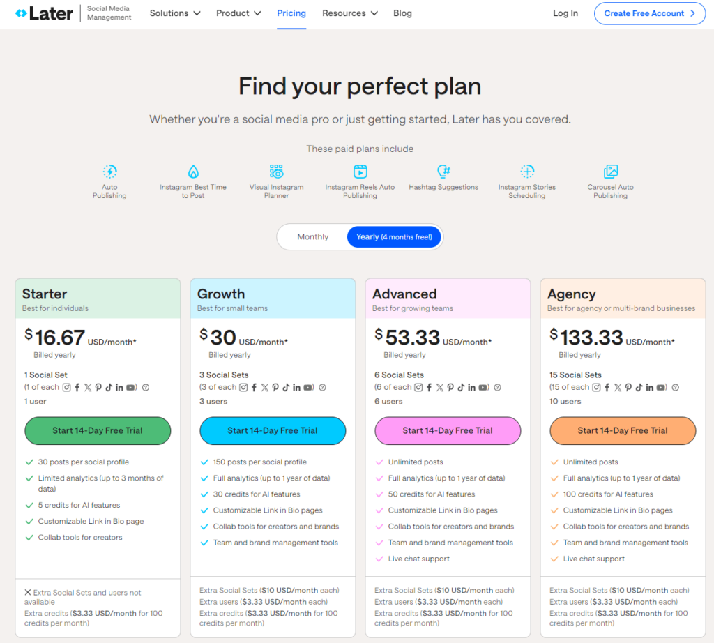 Later - social media tool - homepage and pricing information