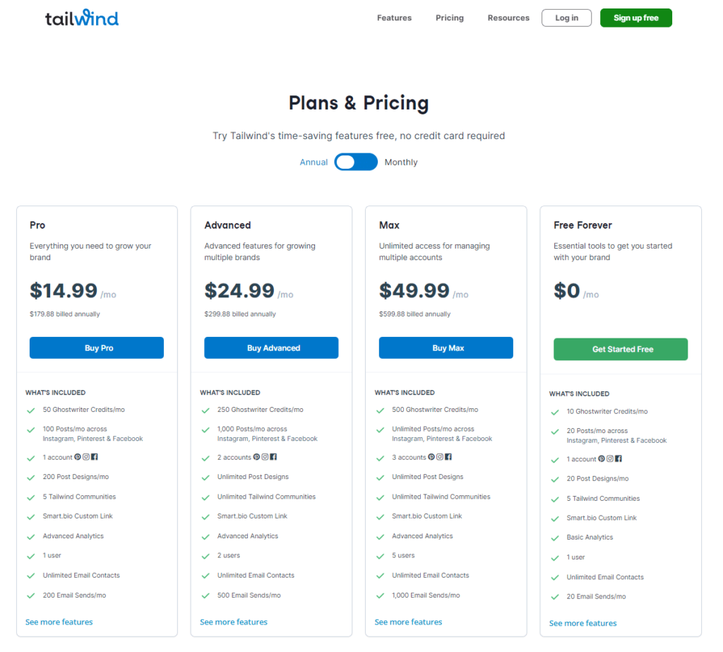 Tailwind - social media tool - homepage and pricing information