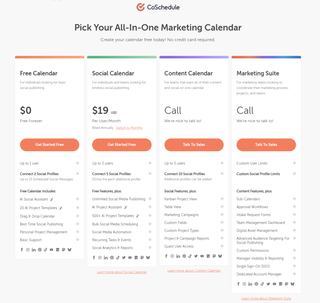 CoSchedule - social media tool - homepage and pricing information