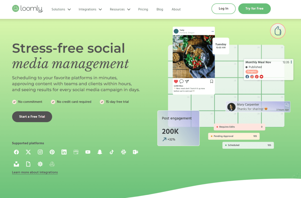Loomly - social media tool - homepage and pricing information