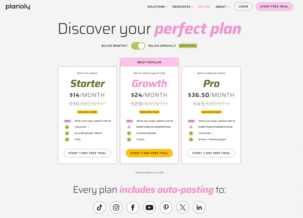 Planoly - social media tool - homepage and pricing information