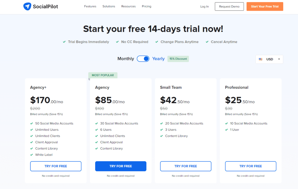 SocialPilot- social media tool - homepage and pricing information