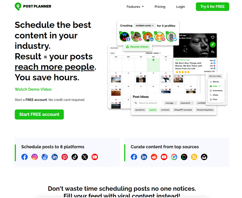 Post Planner - social media tool - homepage and pricing information
