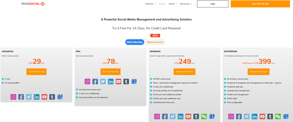 Mavsocial is a social media management tool. Here is its pricing and homepage.