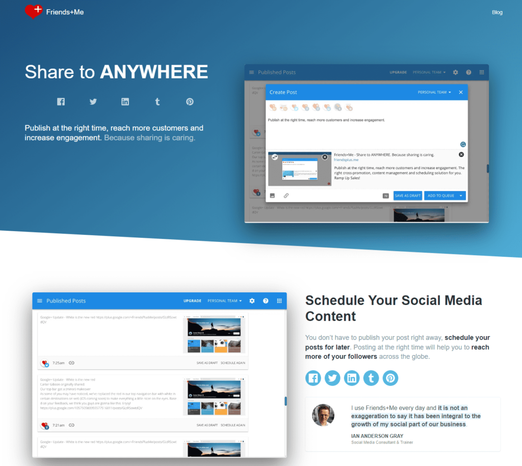 Friends+me is a social media management tool. Here is its pricing and homepage.