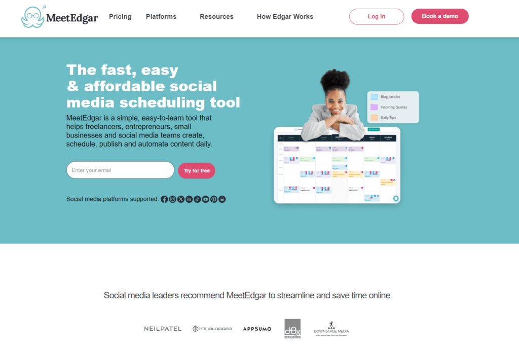 MeetEdgar is a social media management tool. Here is its pricing and homepage.