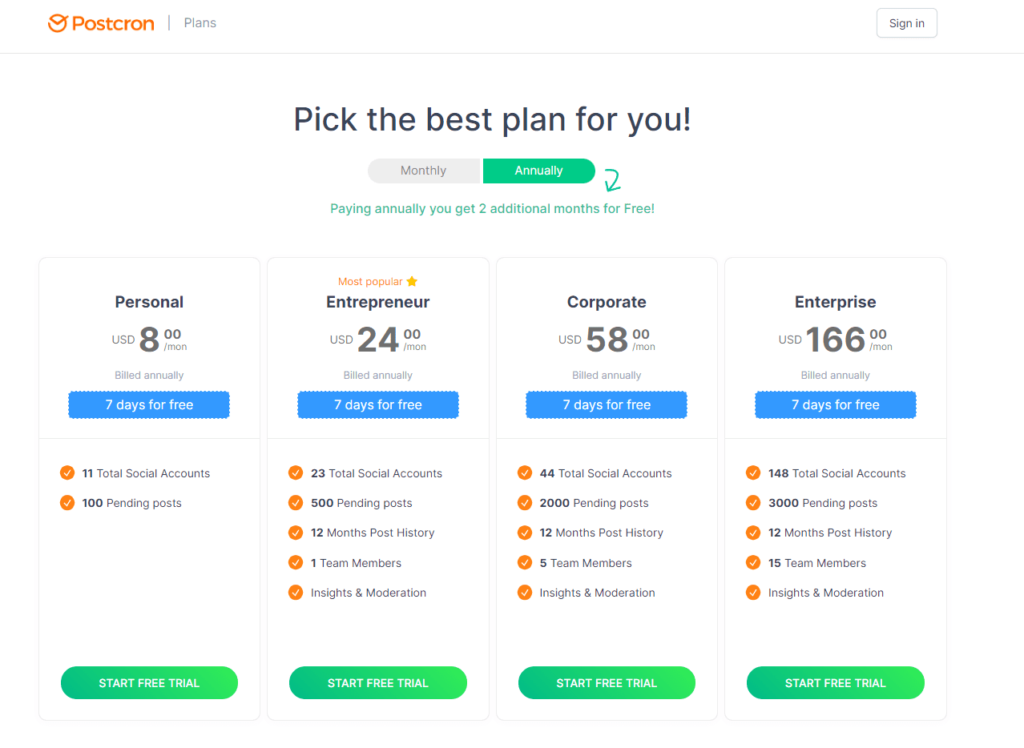 Postcron is a social media management tool. Here is its pricing and homepage.