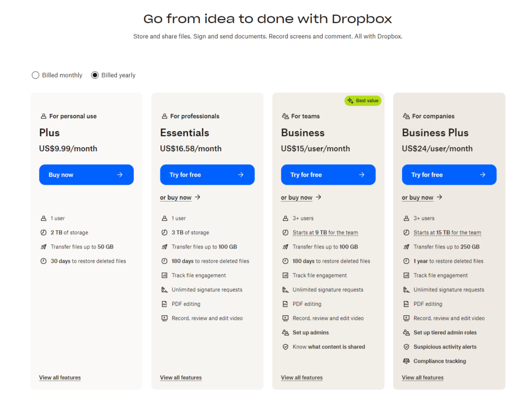 Dropbox Business’s Pricing 